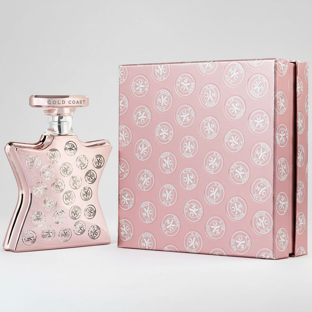 Pink perfume bottle and packaging with 'Gold Coast' branding on a white background