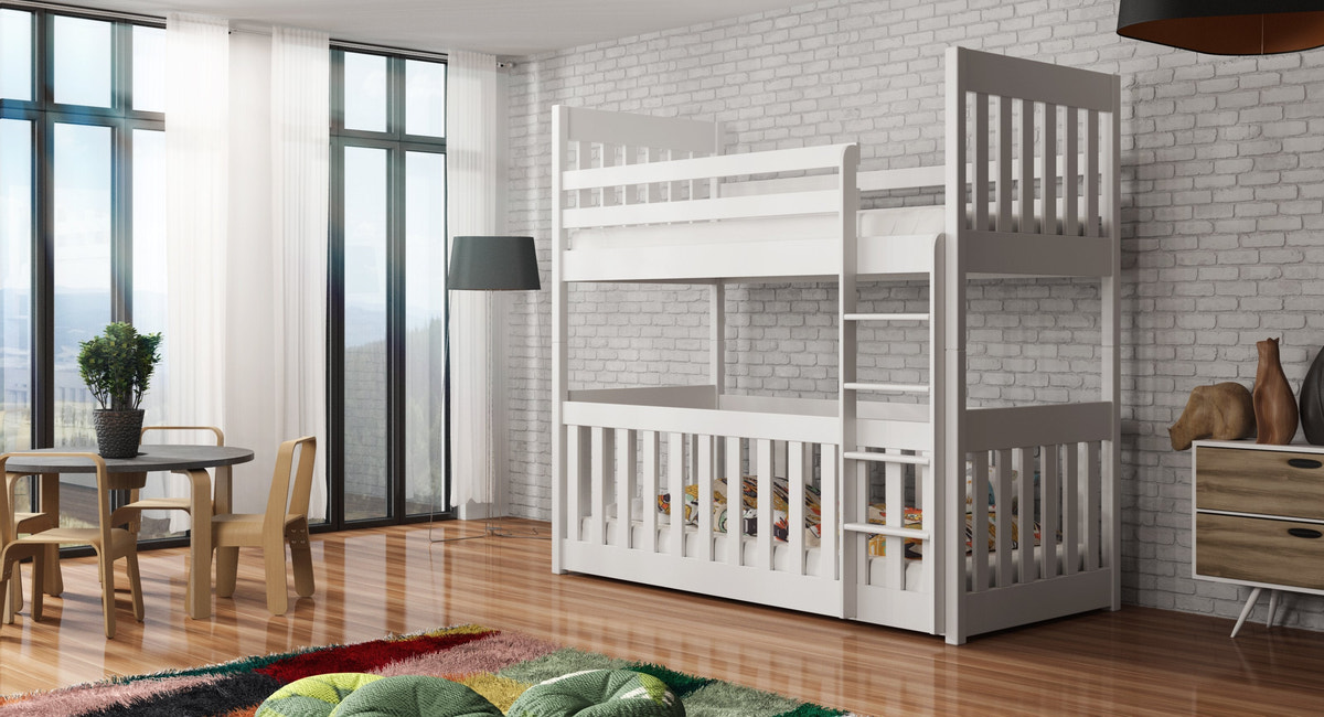 Solid Pine Bunk Bed with Toddler Cot White Matt Foam Mattresses
