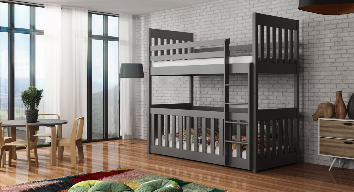 Solid Pine Bunk Bed with Toddler Cot Graphite Foam Mattresses
