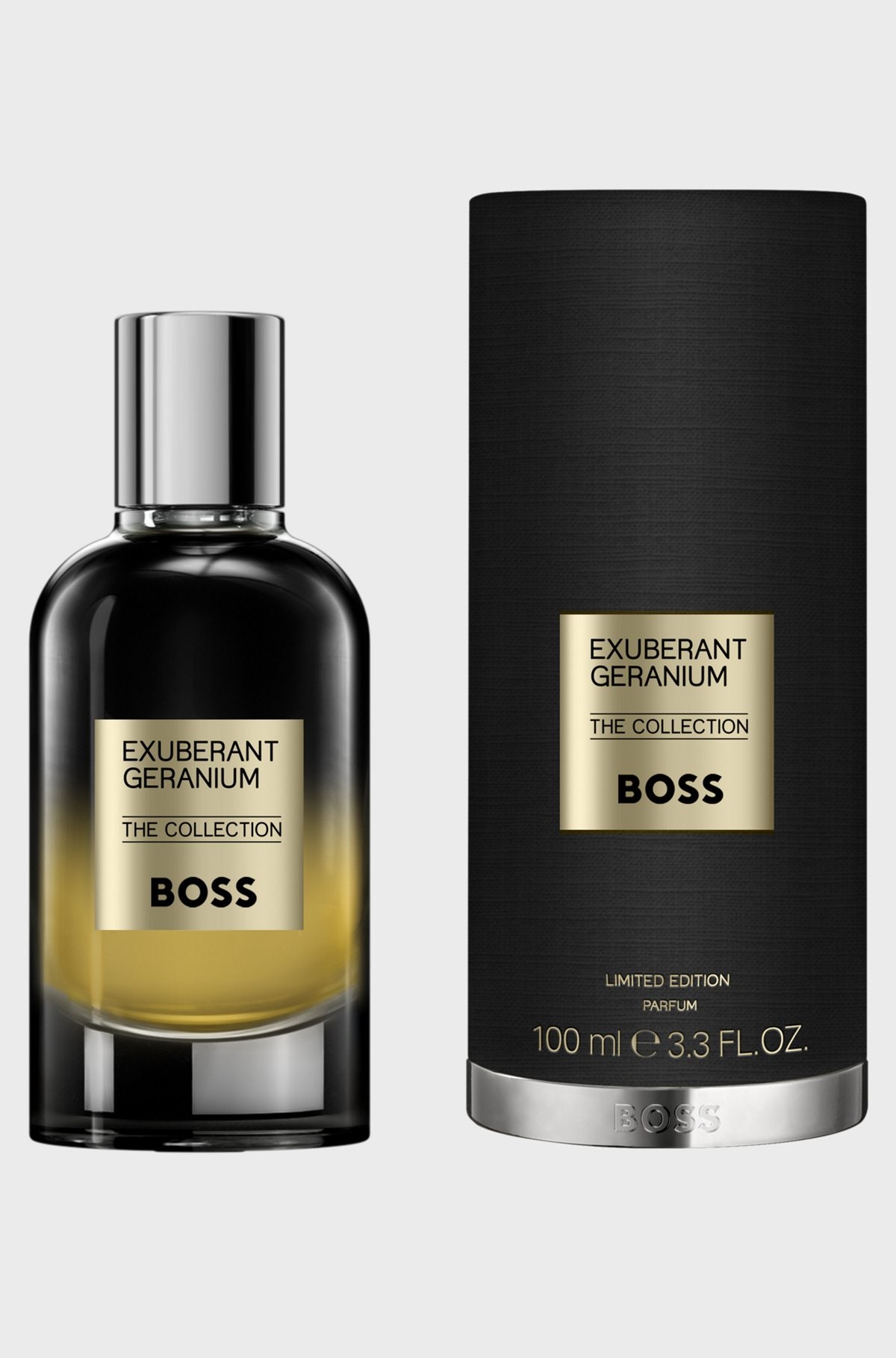 Exuberant Geranium The Collection by Hugo Boss perfume bottle next to its black cylindrical box packaging, featuring gold lettering and a silver cap, on a light gray background.