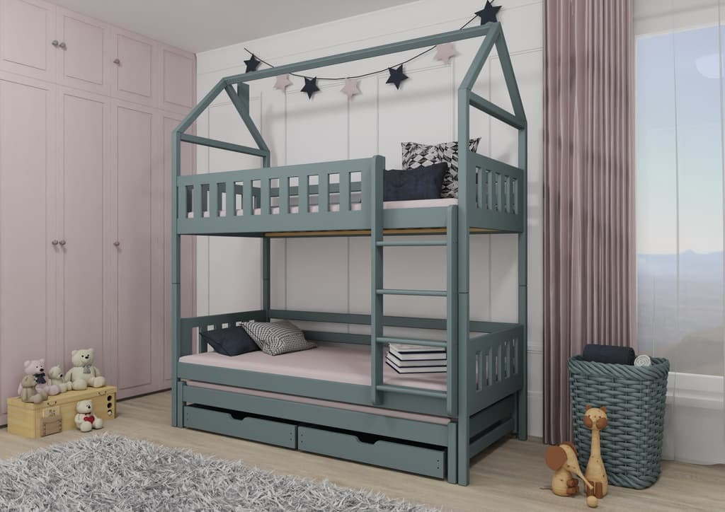 Solid Pine Bunk Bed with Trundle & Storage – Single 3ft 90x190cm | Triple Sleeper Kids Bed Grey Foam Mattresses
