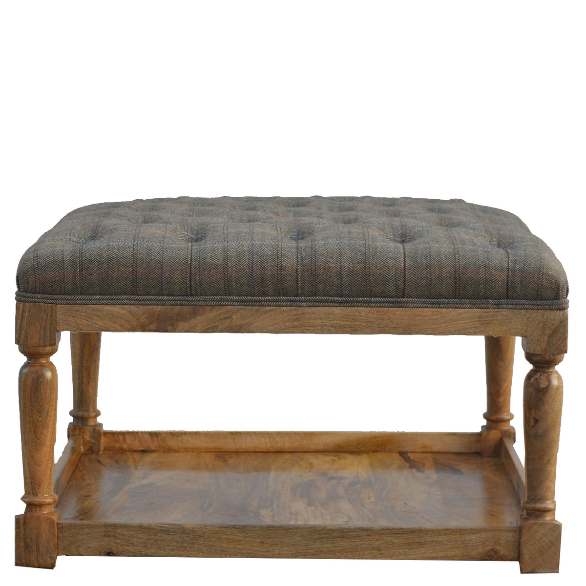 Multi Tweed Footstool with Shelf | Oak-Ish