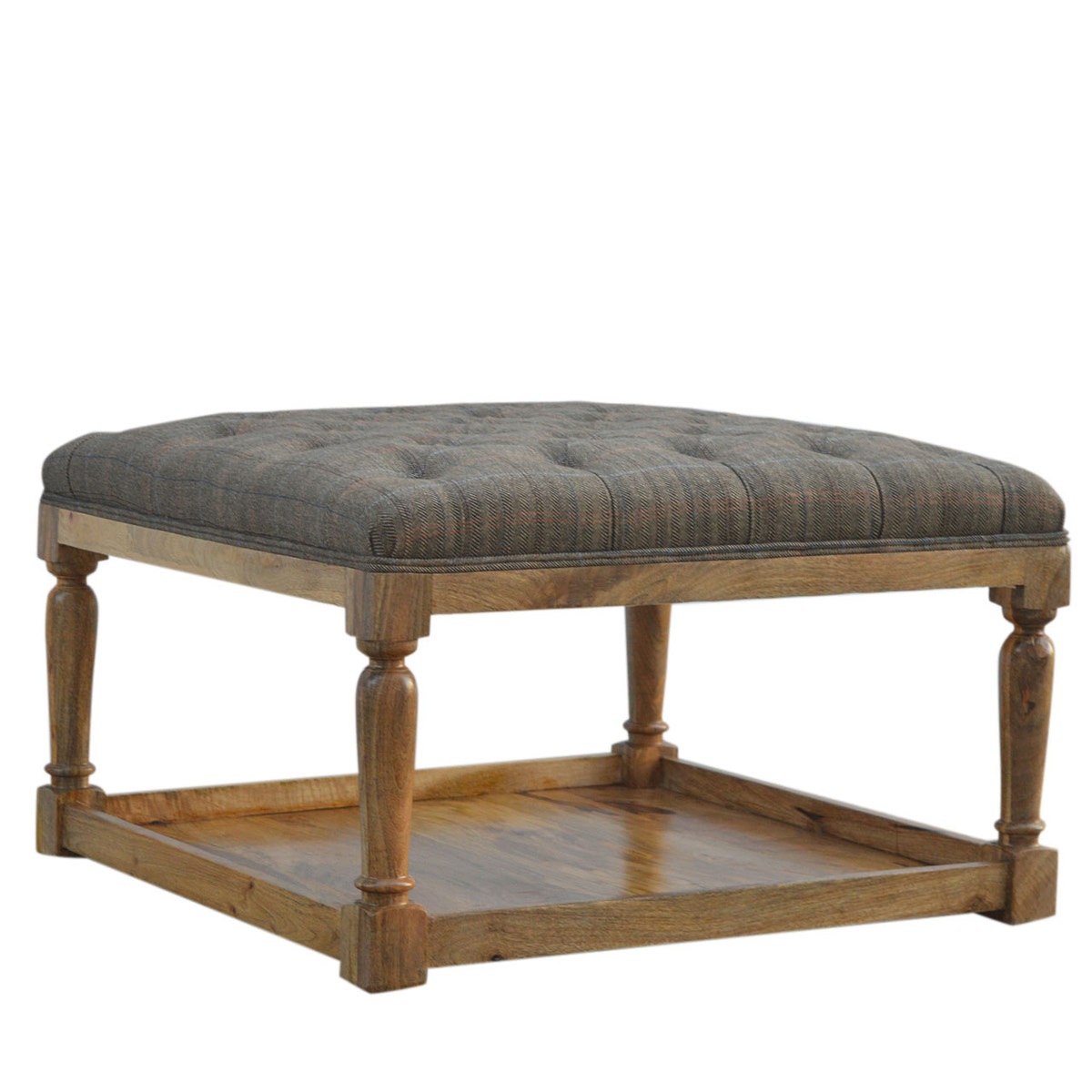 Multi Tweed Footstool with Shelf | Oak-Ish