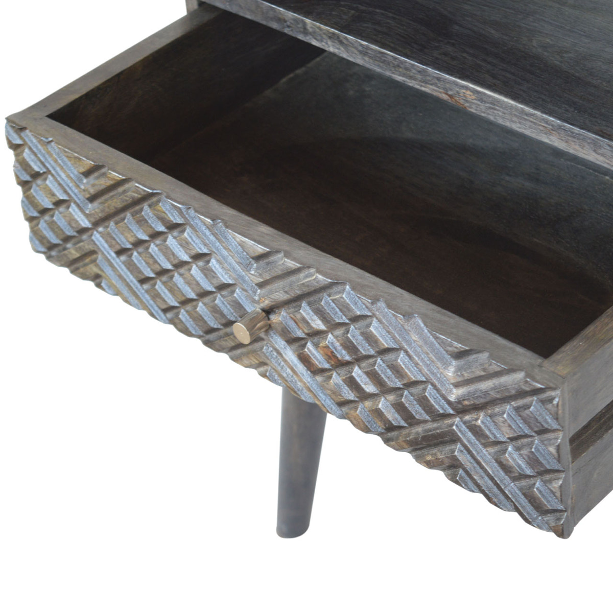 Ash Black Carved Drawer Bedside Table | Hand-Carved