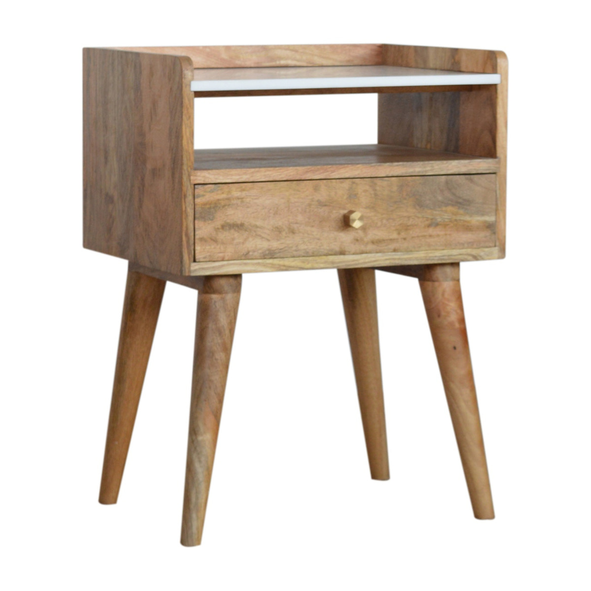 Open Slot Bedside with White Top Bedside Table | Oak-Ish Solid Mango Wood