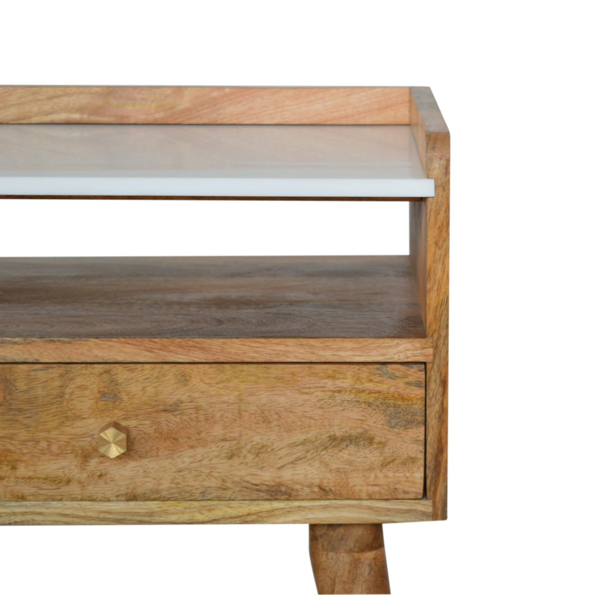 Open Slot Bedside with White Top Bedside Table | Oak-Ish Solid Mango Wood