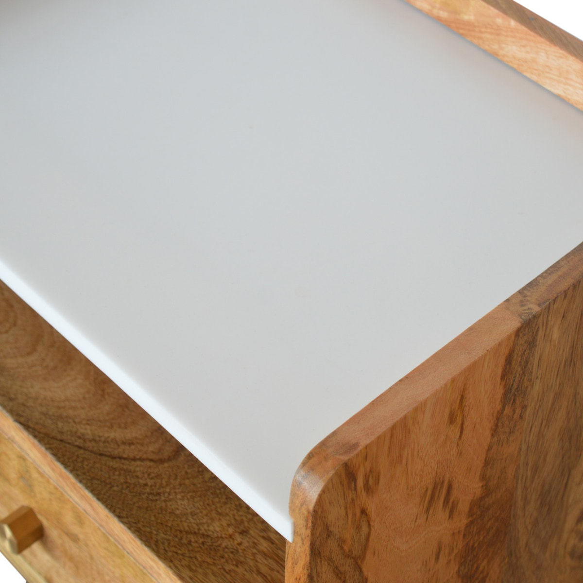 Open Slot Bedside with White Top Bedside Table | Oak-Ish Solid Mango Wood