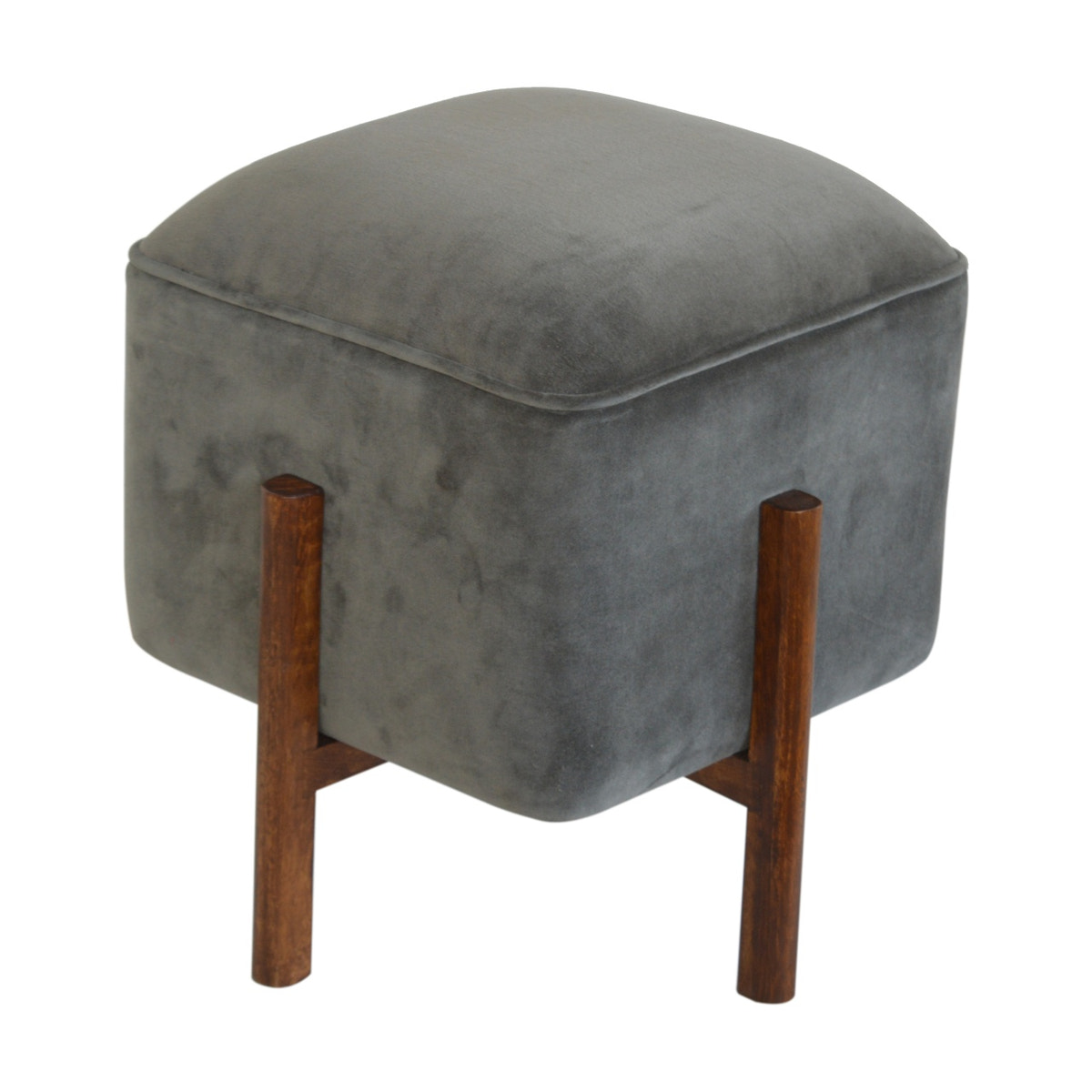 Solid Wood Grey Velvet Footstool | Cotton Velvet