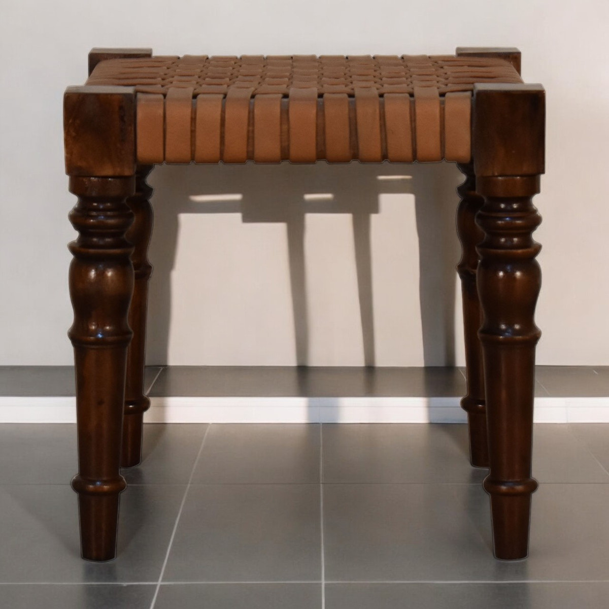 Woven Leather Footstool | Chestnut Solid Mango Wood