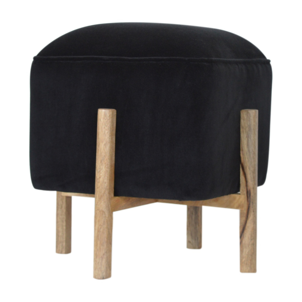 Black Velvet Solid Wood Footstool | Cotton Velvet