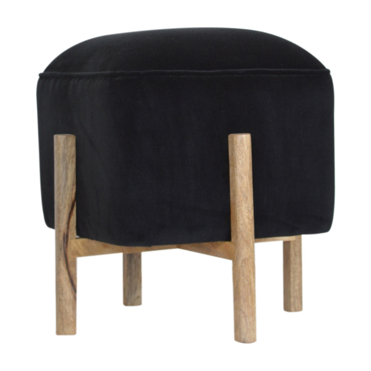 Black Velvet Solid Wood Footstool | Cotton Velvet