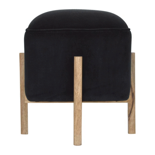 Black Velvet Solid Wood Footstool | Cotton Velvet