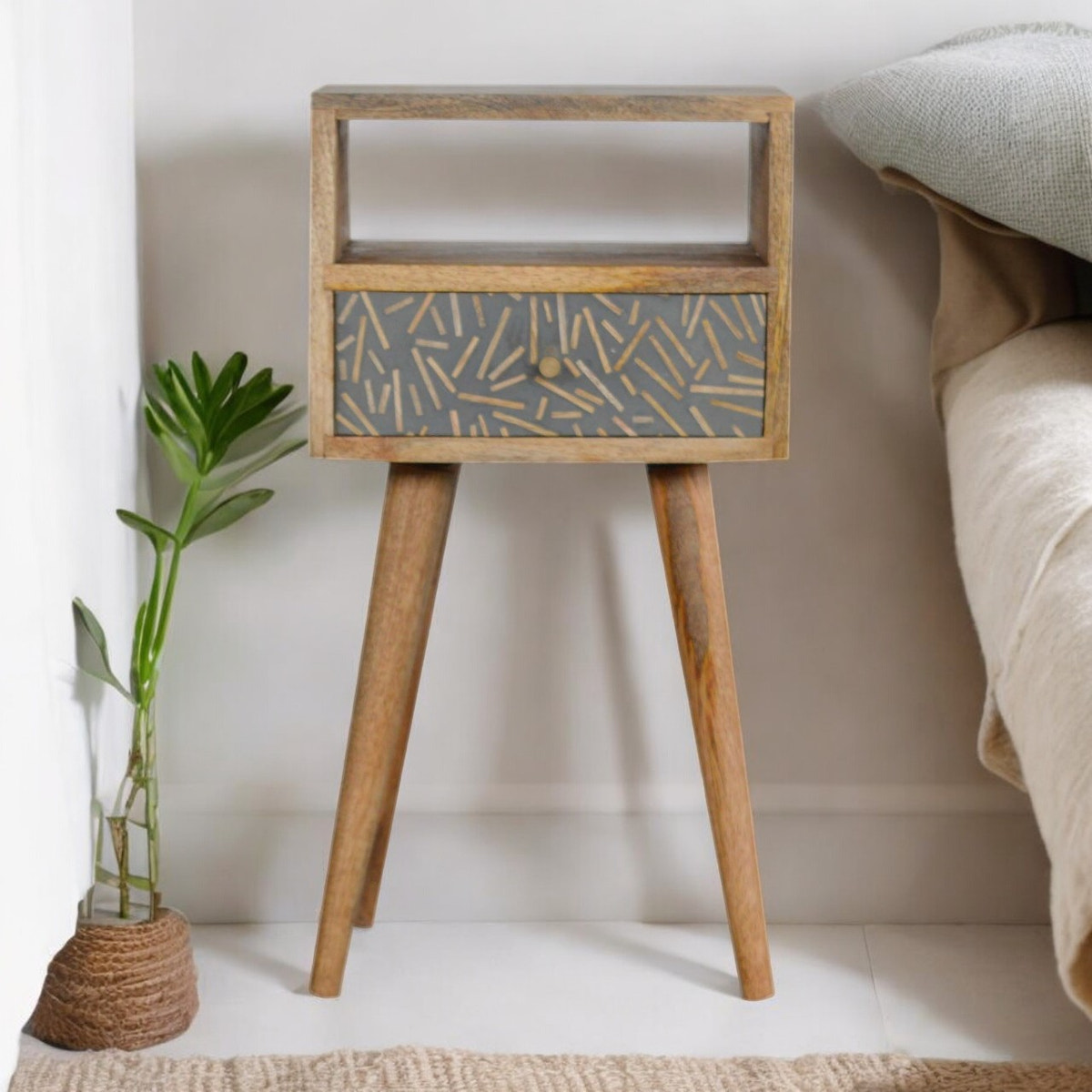 Mini Cement Chip Drawer Bedside Table | Oak-Ish Solid Mango Wood