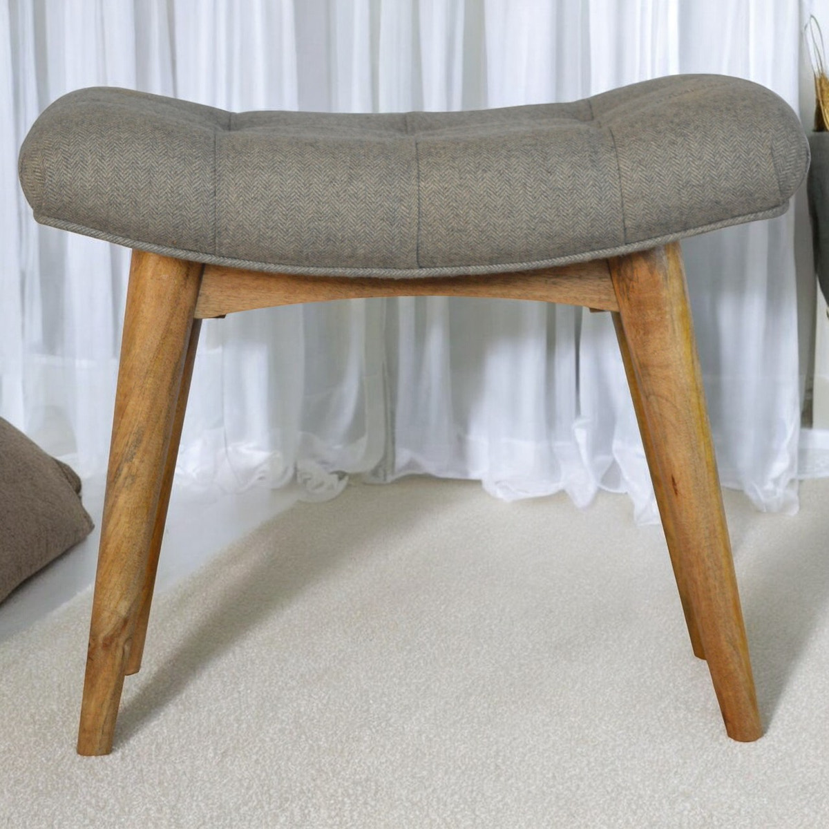 Curved Grey Tweed Bench | Oak-Ish