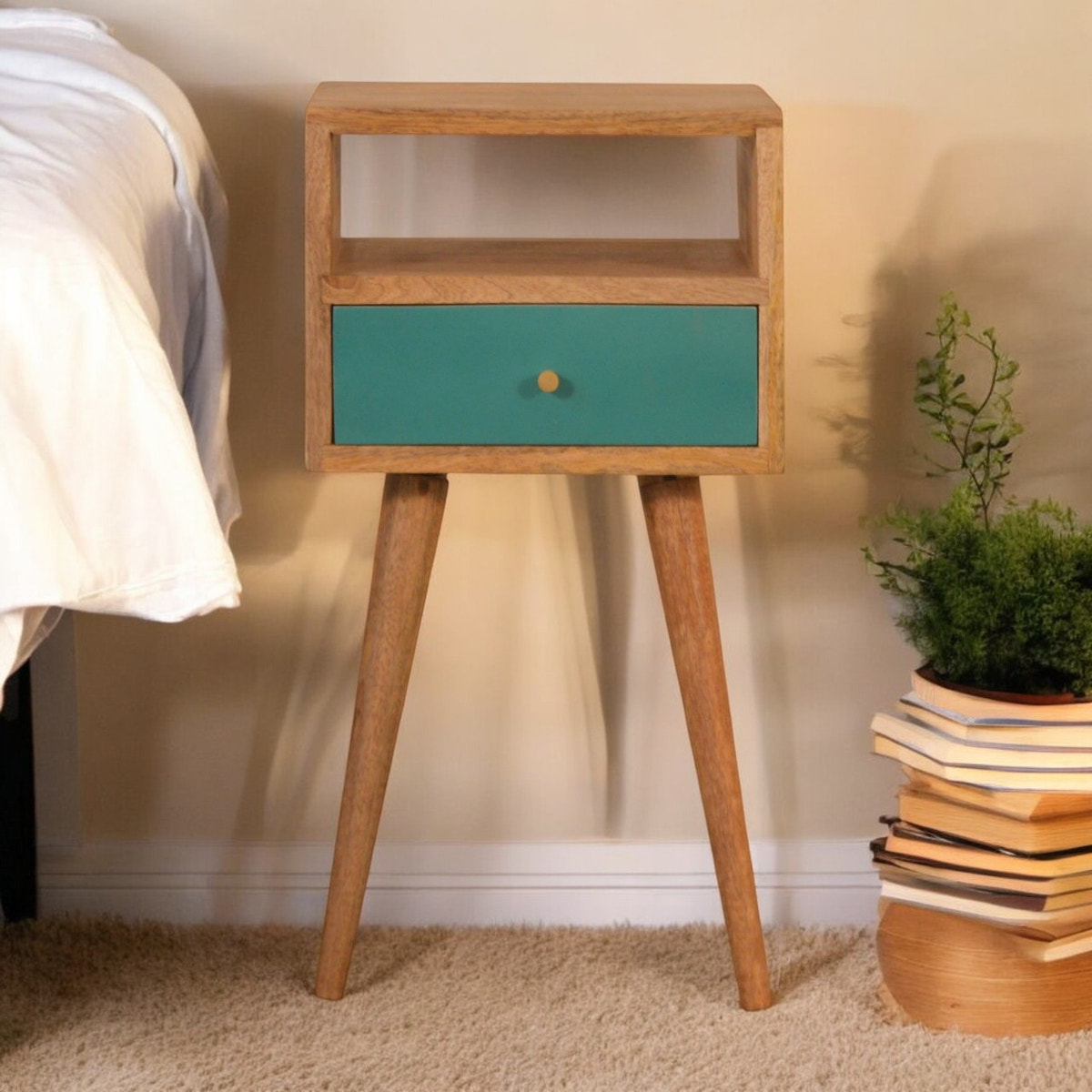 Mini Teal Hand Painted Bedside Table | Oak-Ish Solid Mango Wood