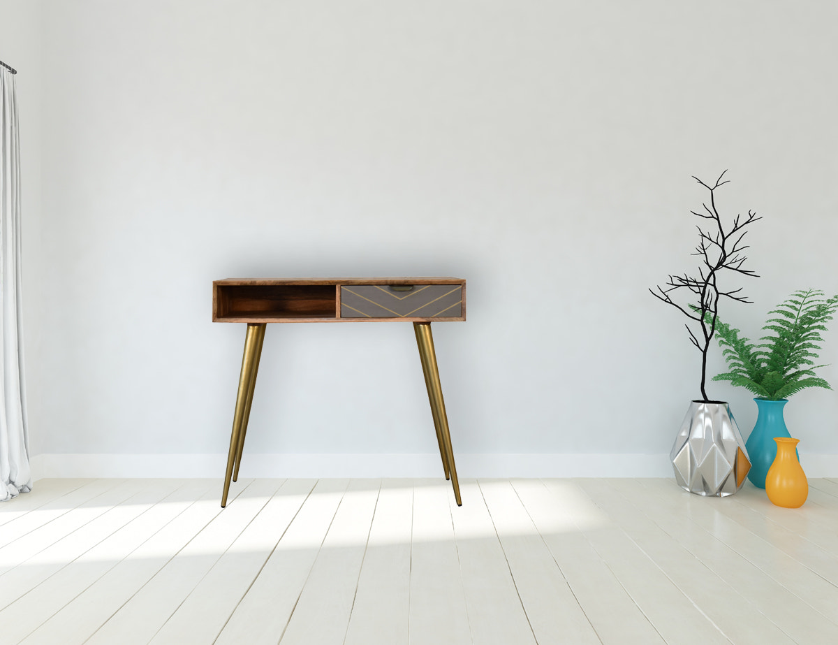 Cement Brass Cable Writing Desk | Oak-Ish Mango Wood