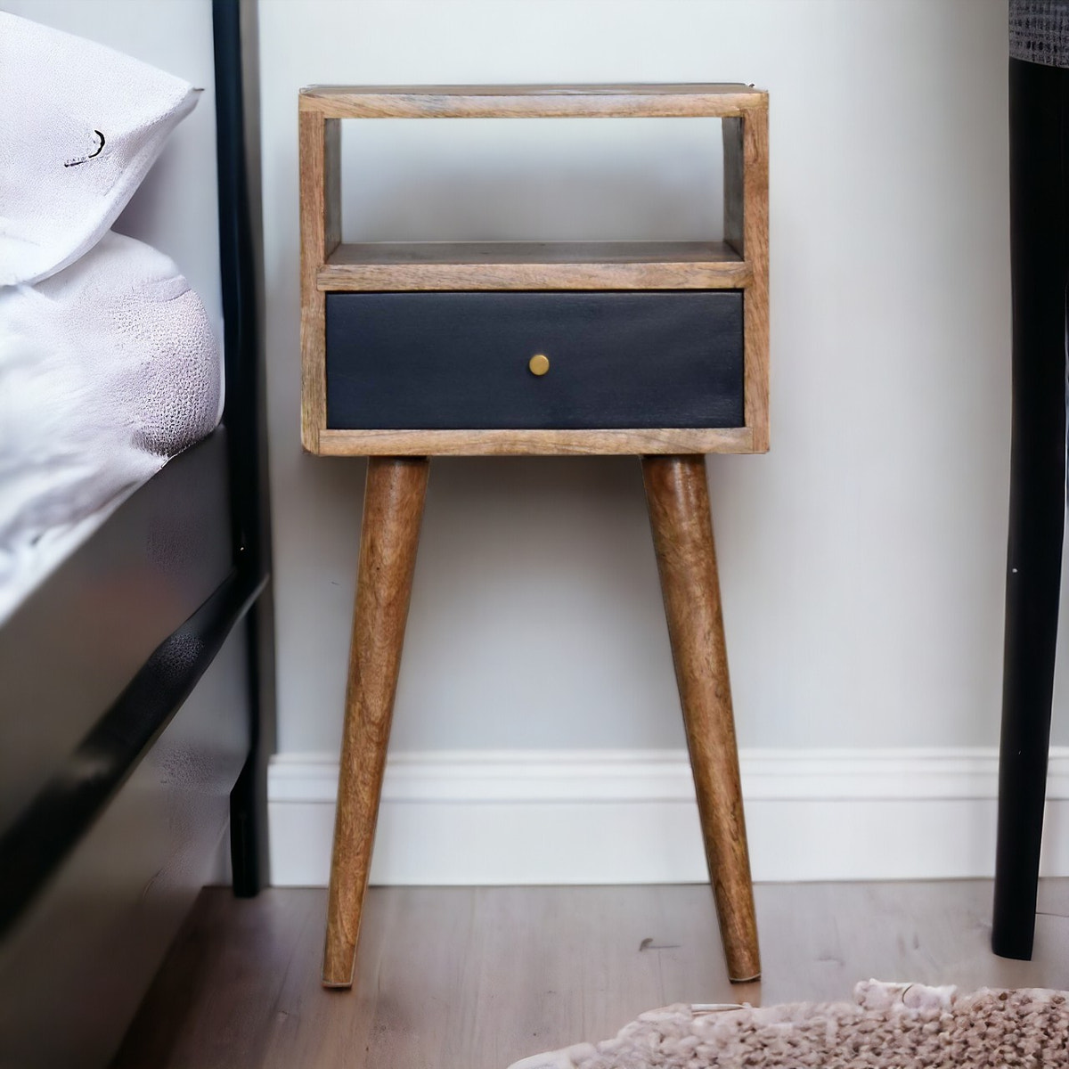Mini Navy Blue Hand Painted Bedside Table | Open Shelf