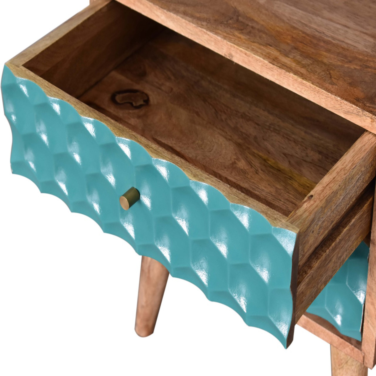 Honeycomb Teal Open Slot Bedside Table | Hand-Painted Mango Wood