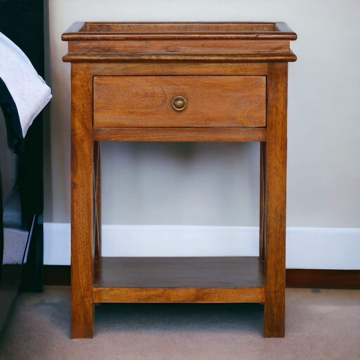 Solid Wood Criss-Cross End Table Accent Piece | Chestnut Solid Mango Wood