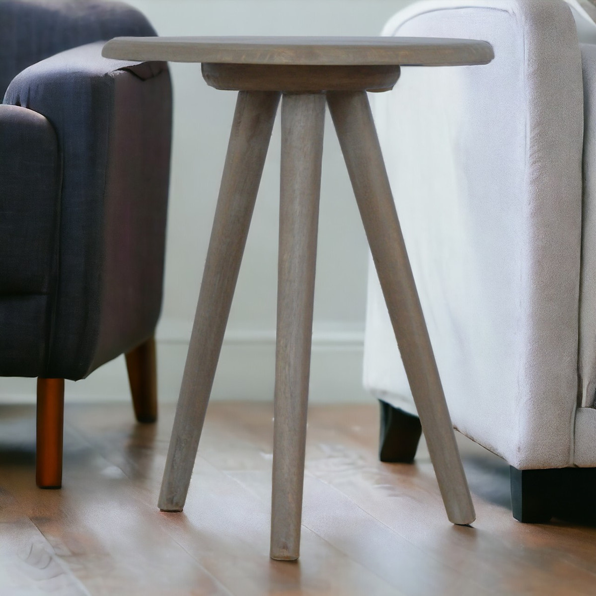 Lulu Round Tripod End Table Accent Piece | Grey Mango Wood