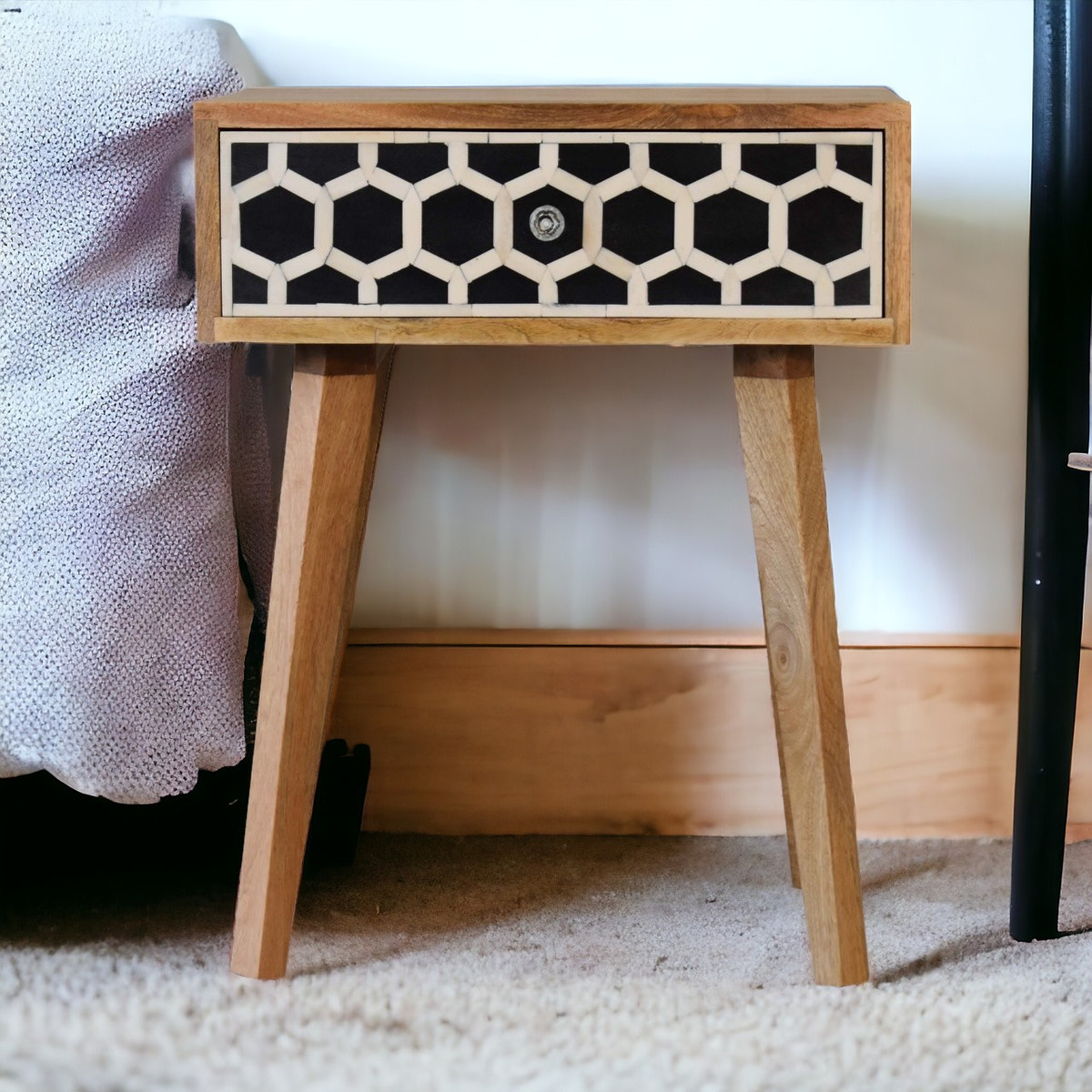 Bone Inlay Tapered Bedside Table | Oak-Ish Solid Mango Wood