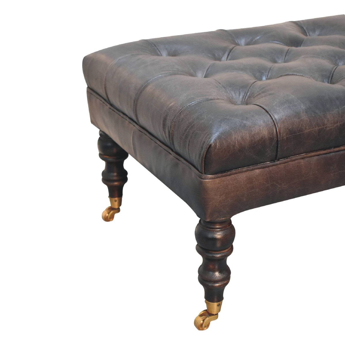 Buffalo Ash Black Leather Ottoman with Castor Legs Storage Bench