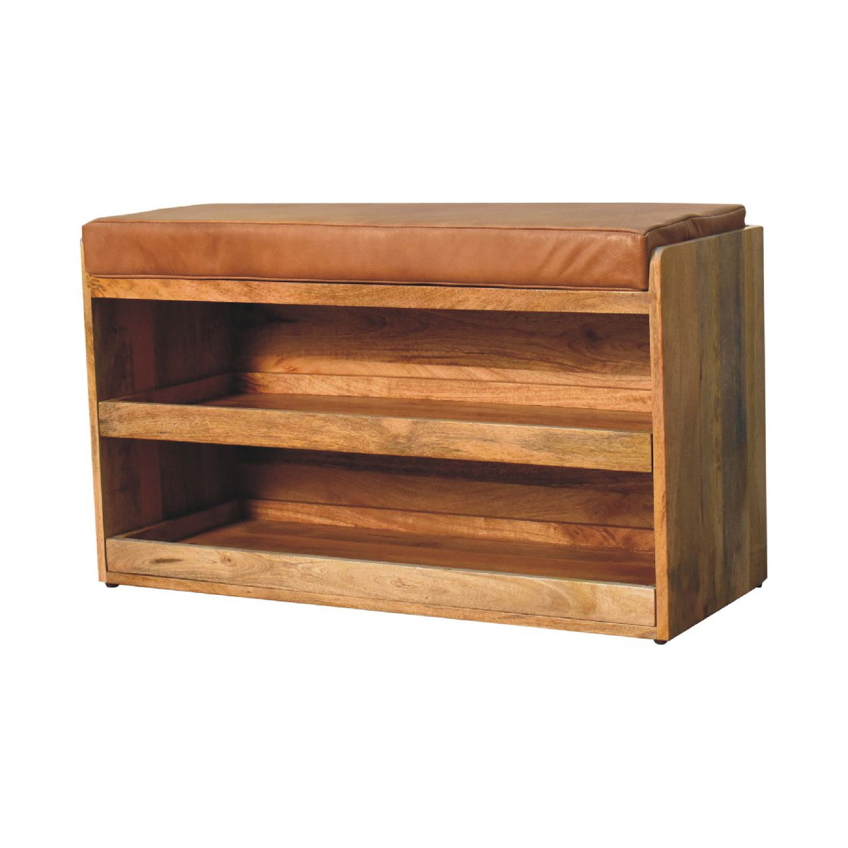 Buffalo Hide Pull out Oak-ish Shoe Storage Bench | Buffalo Leather