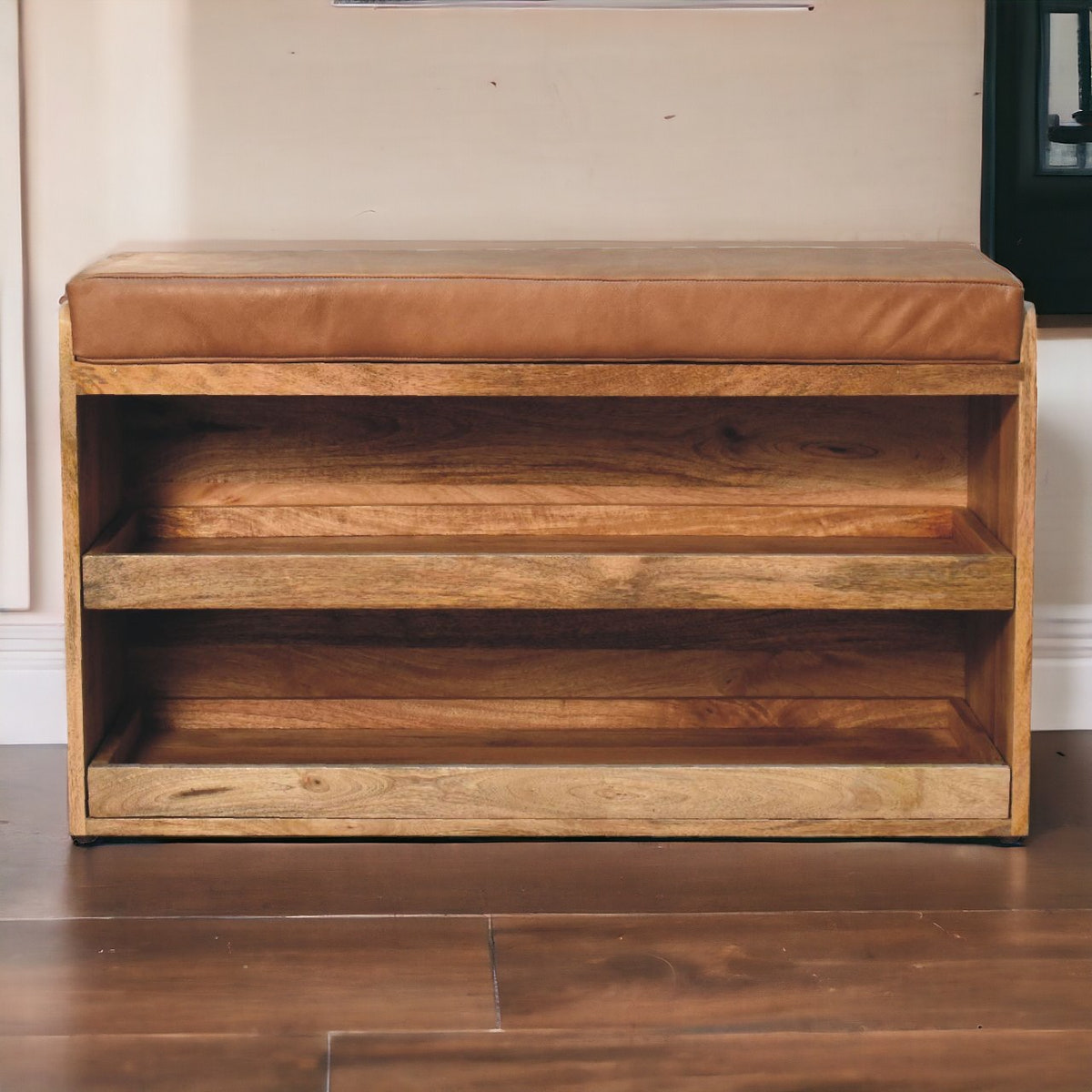 Buffalo Hide Pull out Oak-ish Shoe Storage Bench | Buffalo Leather
