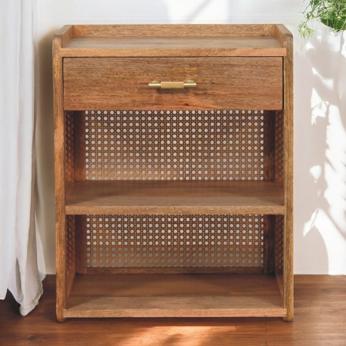 Larissa T-Bar Open Bedside Table | Oak Mango Wood Open Shelf