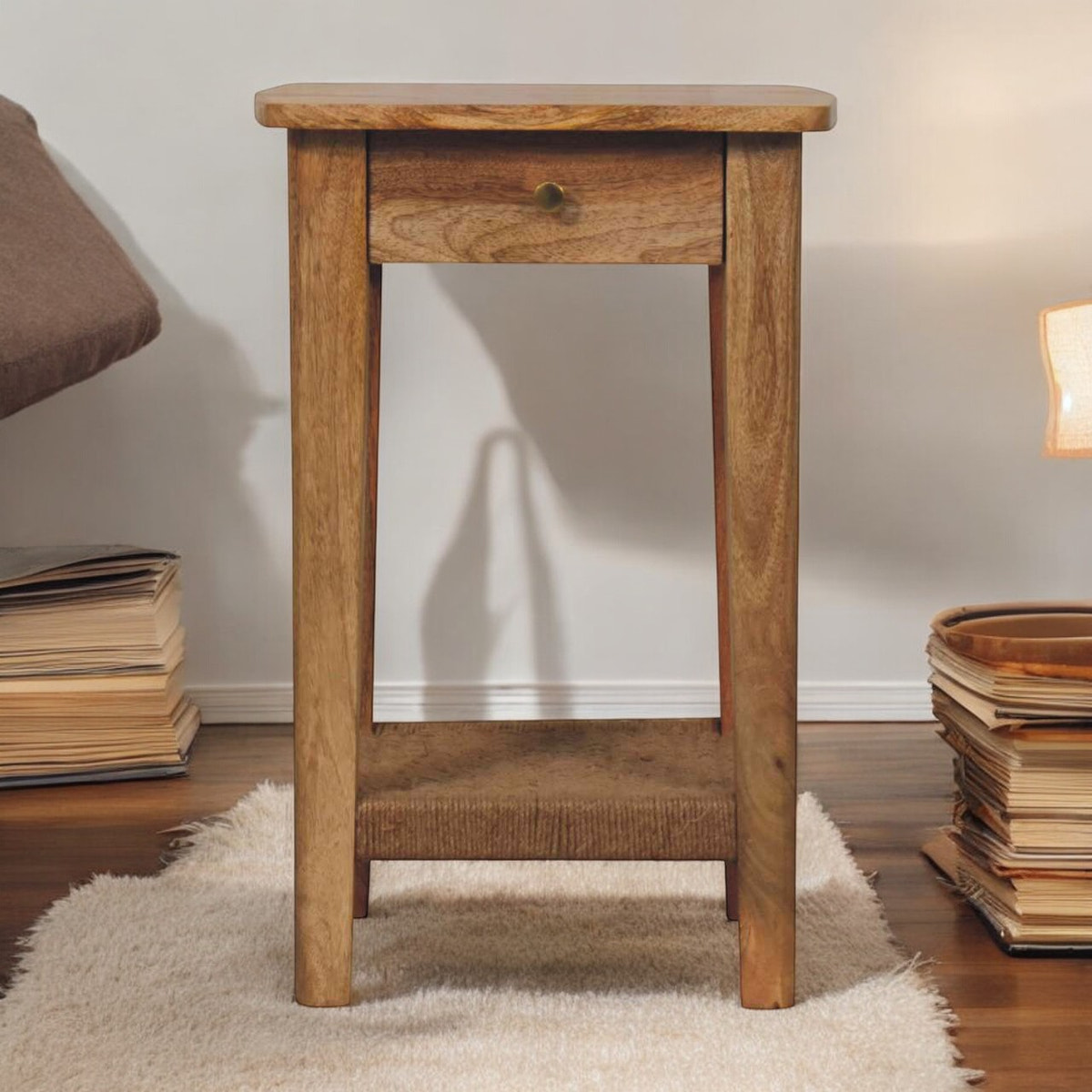 Rope End Table Accent Piece | Oak Solid Mango Wood