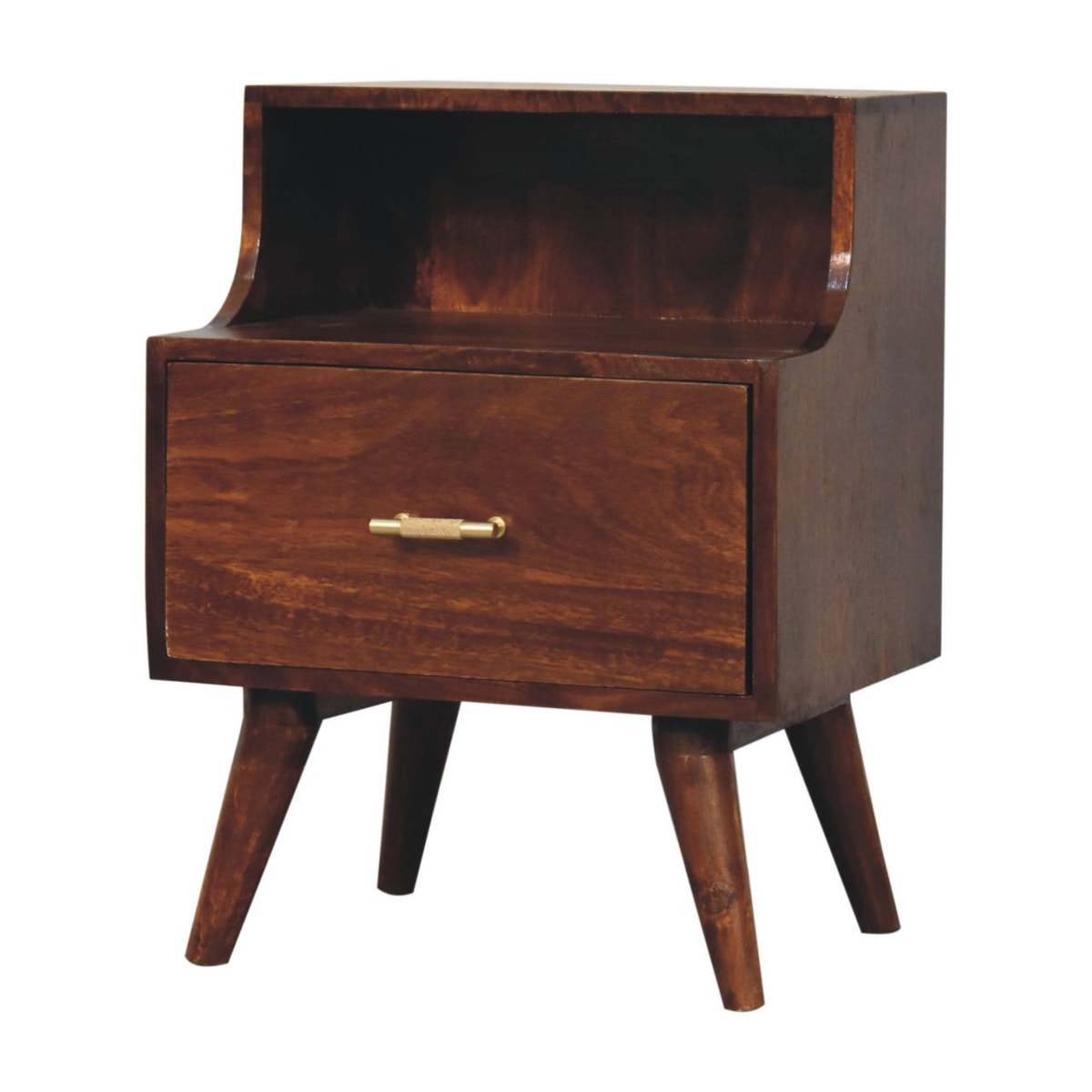 T-bar Raised Back Bedside Table | Chestnut Solid Mango Wood