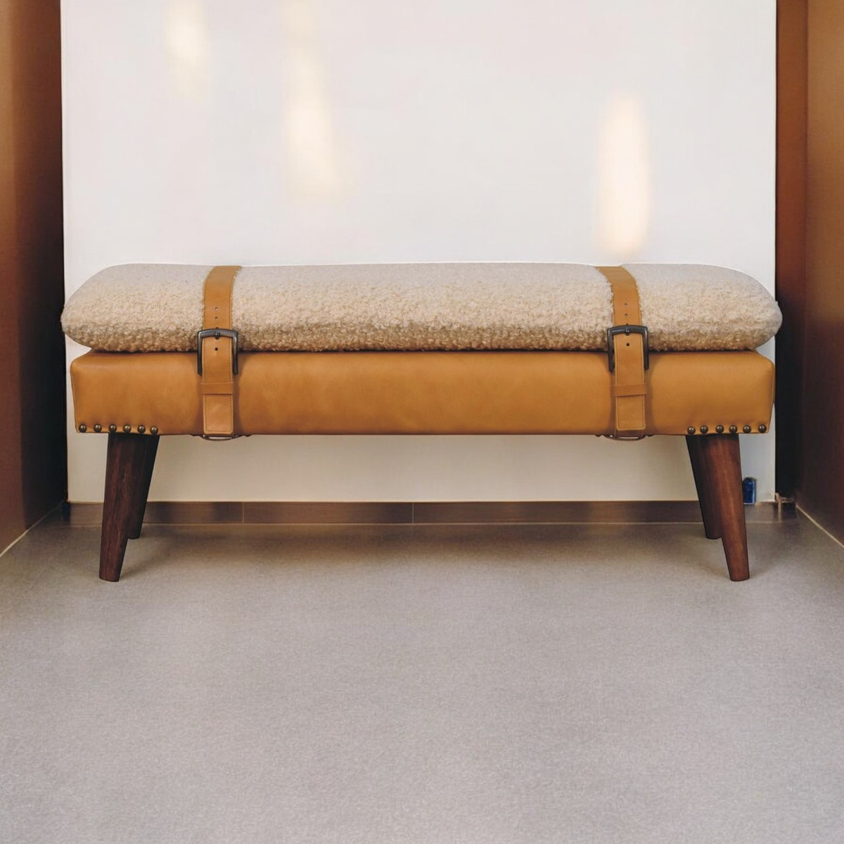 Boucle x Tan Leather Bench