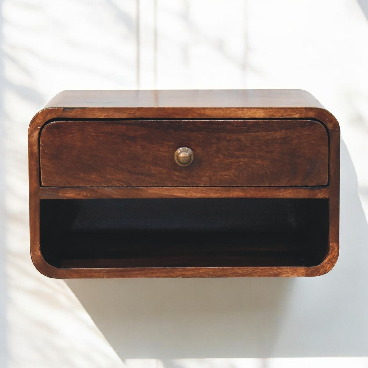 Curved California Walnut Wall Mounted Bedside with Open Slot | Solid Mango Wood