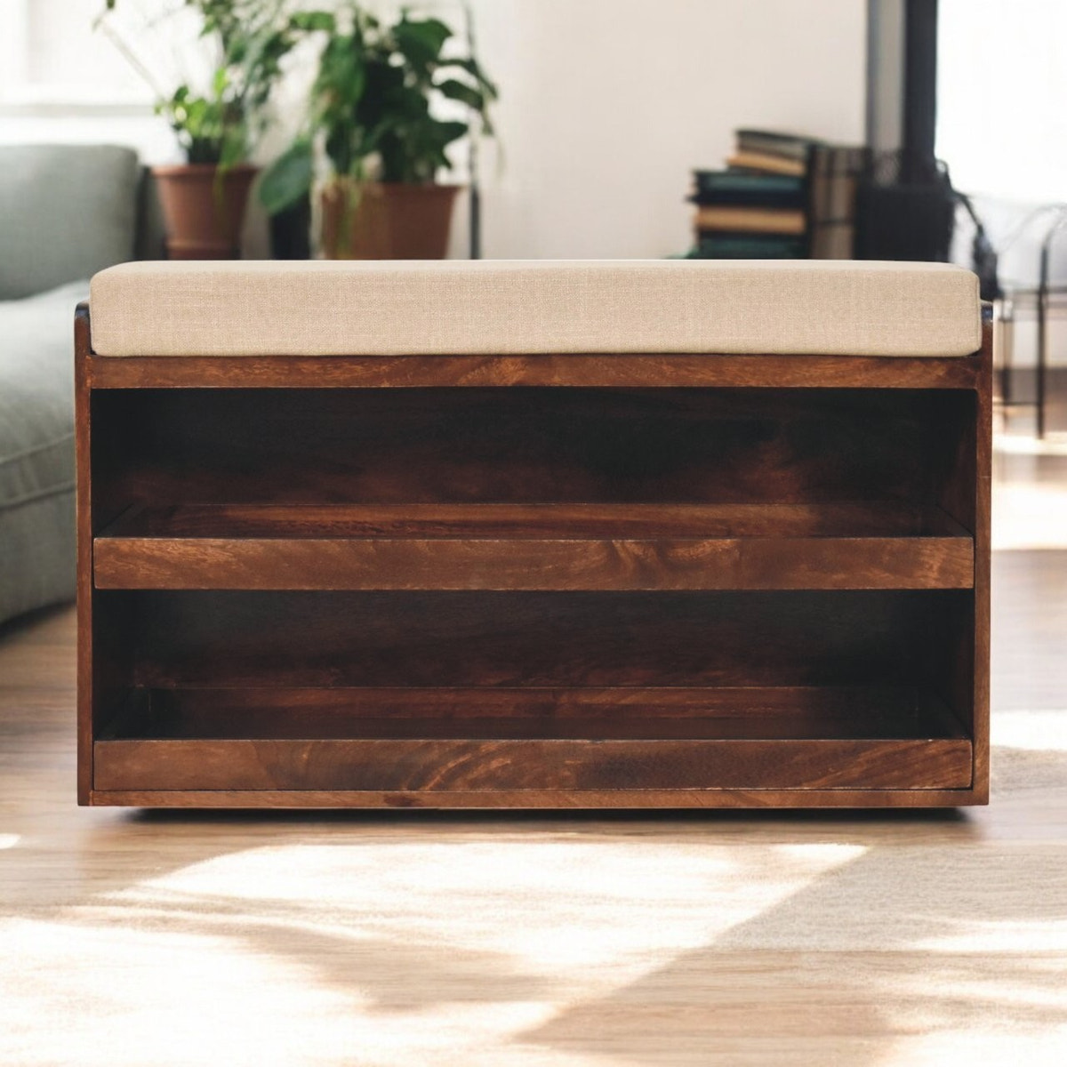California Walnut & Mud Linen Pull out Shoe Bench