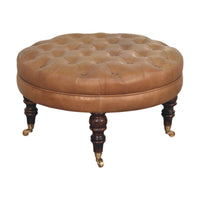 Brown Buffalo Leather Round Ottoman with Castor Legs Storage Bench
