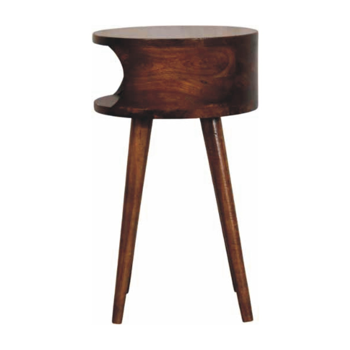 Round Chestnut Nightstand with Open Shelf Chest of Drawers