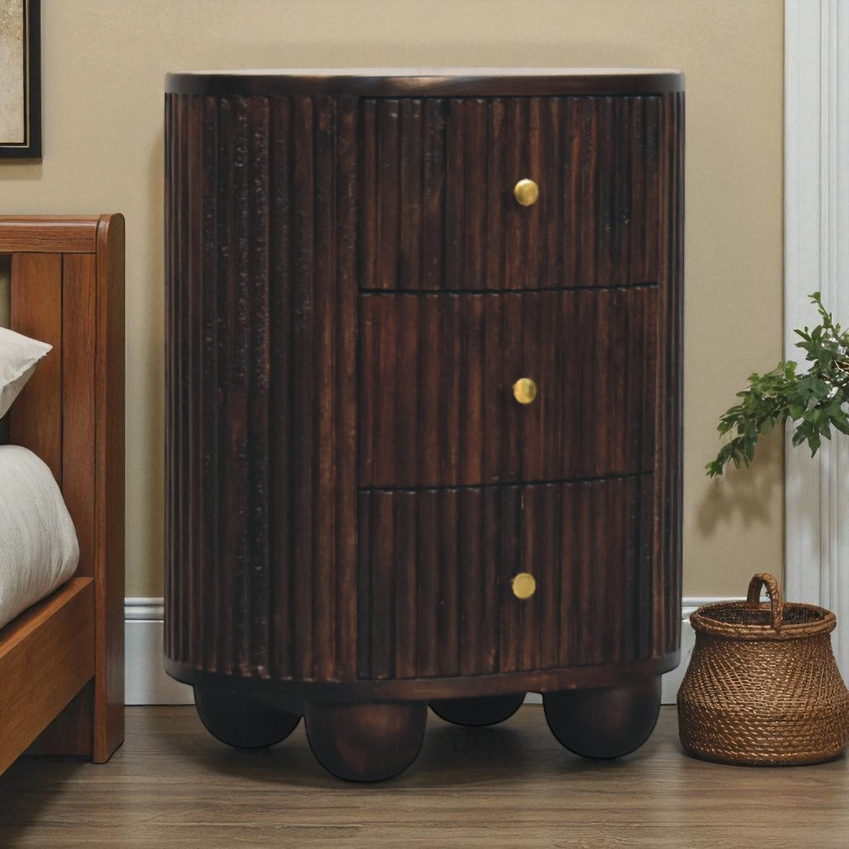 Curved Fluted 3-Drawer Bedside Table | Brass Velvet