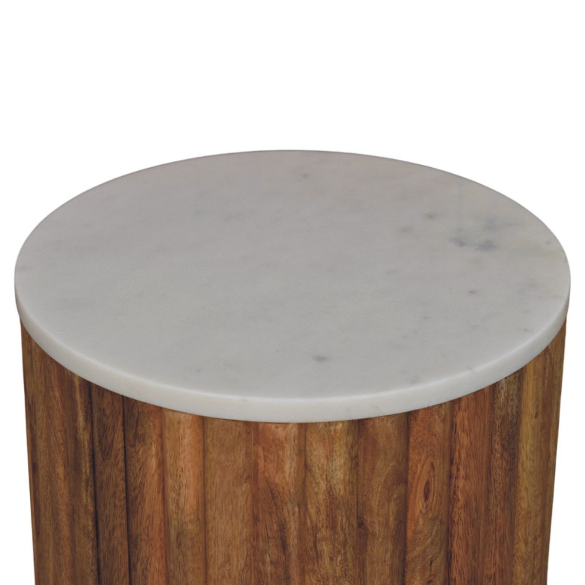 Fluted Marble Side Table Accent Piece | Marble-Effect Solid Mango Wood