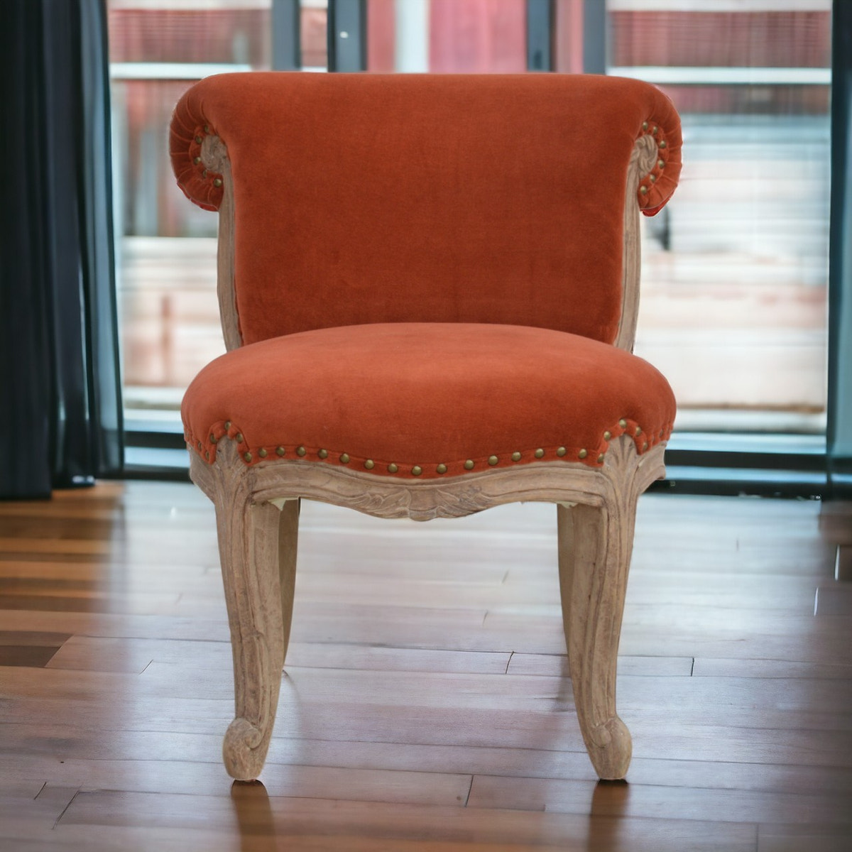 Brick Red Velvet Studded Chair | Cotton Velvet