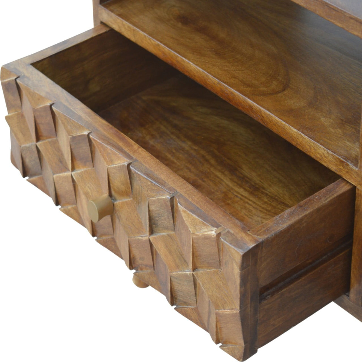 Chestnut Cube Carved TV Unit Chest of Drawers | Hand-Carved