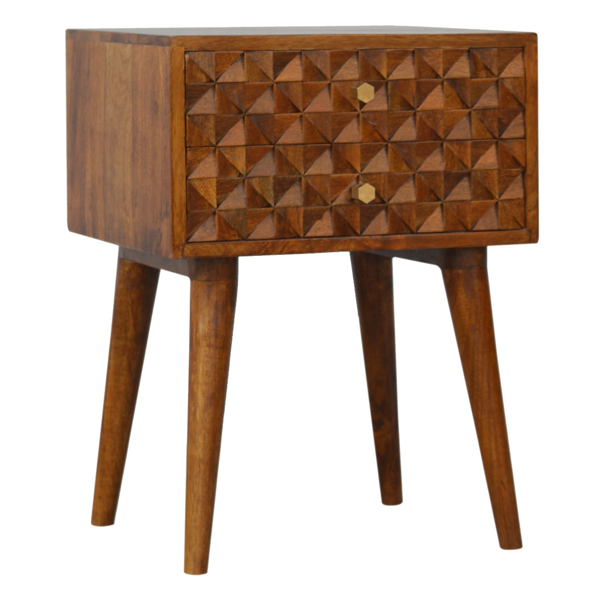 Diamond Carved Chestnut Bedside Table | Hand-Carved