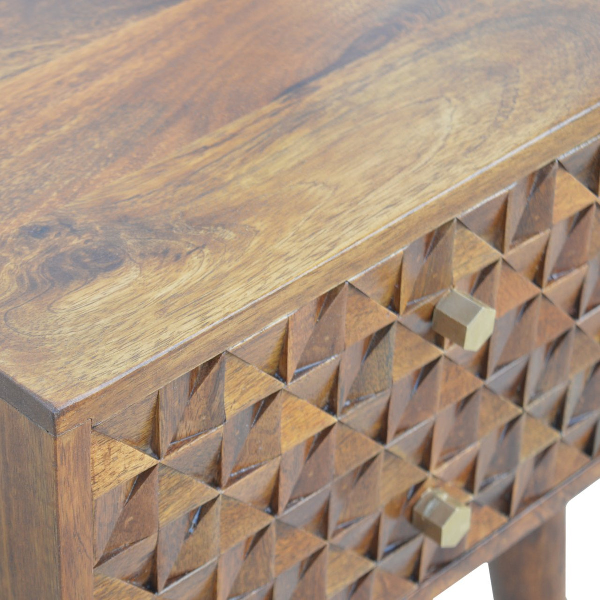 Diamond Carved Chestnut Bedside Table | Hand-Carved