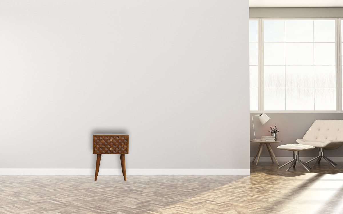 Diamond Carved Chestnut Bedside Table | Hand-Carved