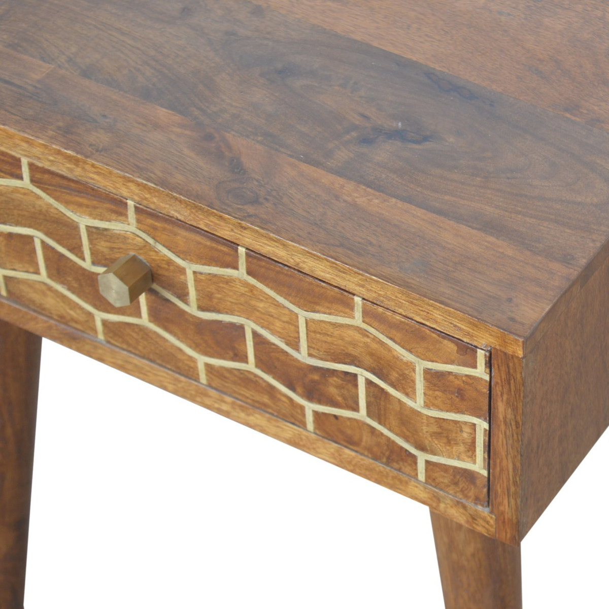 Gold Art Pattern Bedside Table | Chestnut Solid Mango Wood
