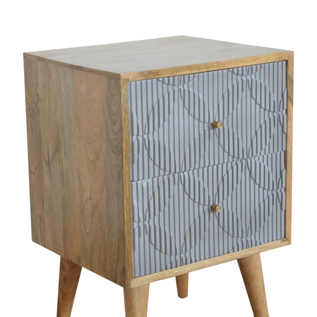 Geometric Carved Bedside Table | Oak Solid Mango Wood Hand-Carved