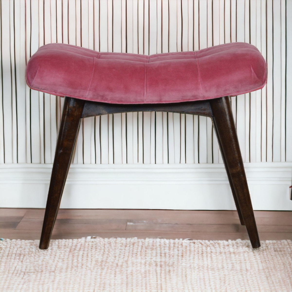 Pink Cotton Velvet Curved Bench
