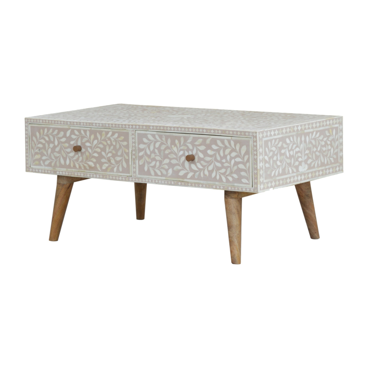 Taupe Floral Bone Coffee Table | Oak-Ish Mango Wood