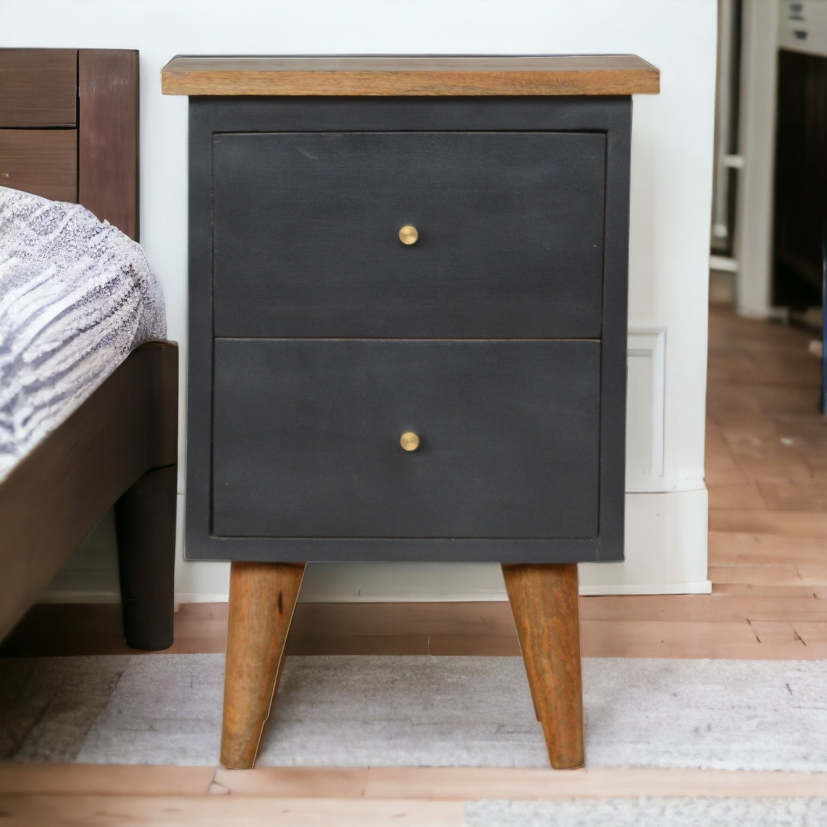 Charcoal Black Hand Painted Bedside Table | Oak-Ish Mango Wood
