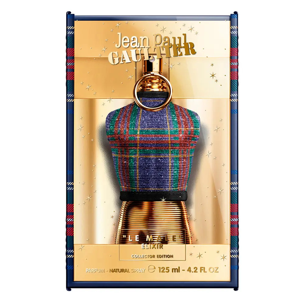 Jean Paul Gaultier perfume bottle in a colorful plaid box on a white background
