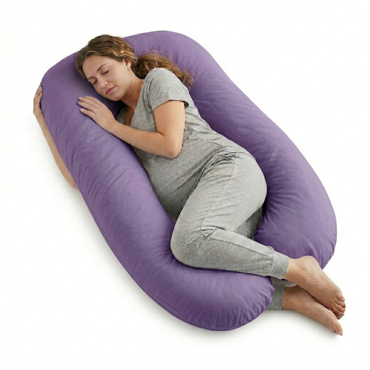Woman lying on a purple body pillow on a white background
